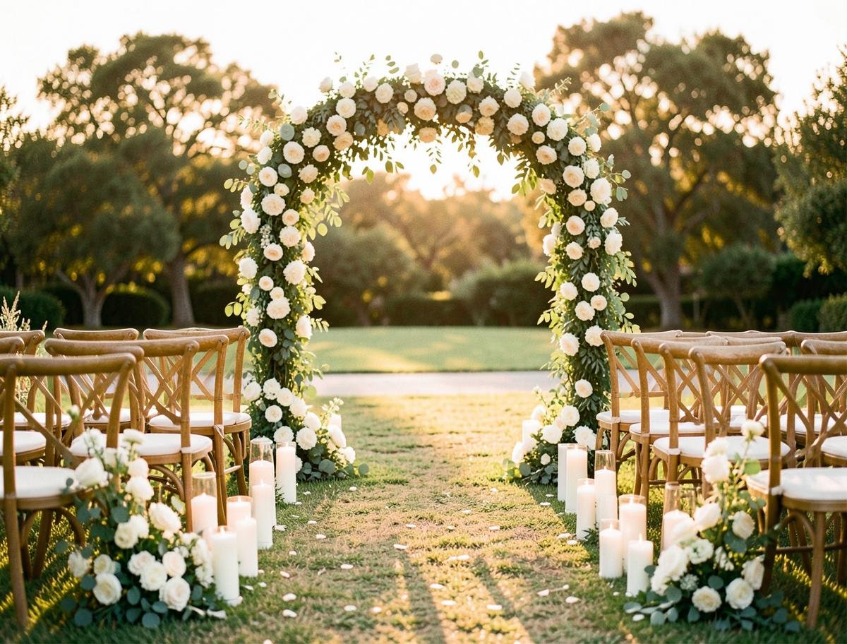 Cerimônia de casamento decorada ao pôr do sol