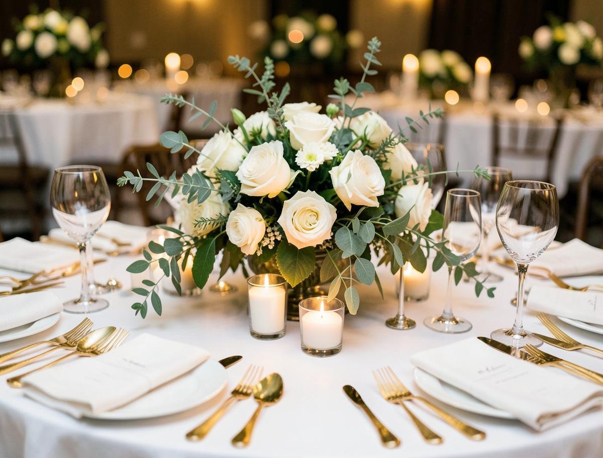 Mesa de recepção com arranjo floral e velas